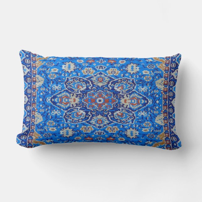 Blue Geometric Persian Turkish Rug Print  Lumbar Cushion (Front)