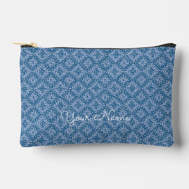 Blue Geometric Personalized Name Accessory Pouch (Front)