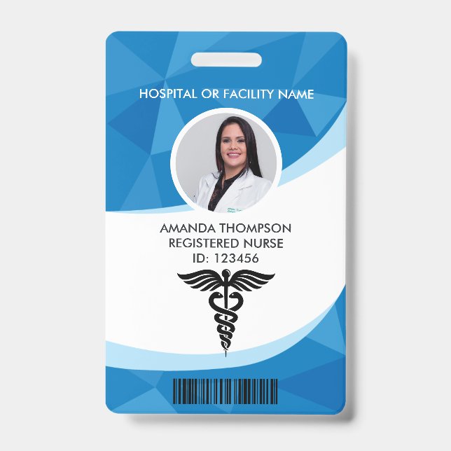Blue Geometric Registered Nurse Photo ID Badge (Front)