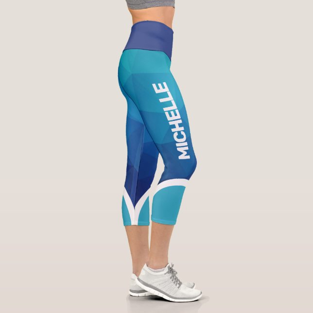 Blue geometric shade with white name stripe modern capri leggings (Right)