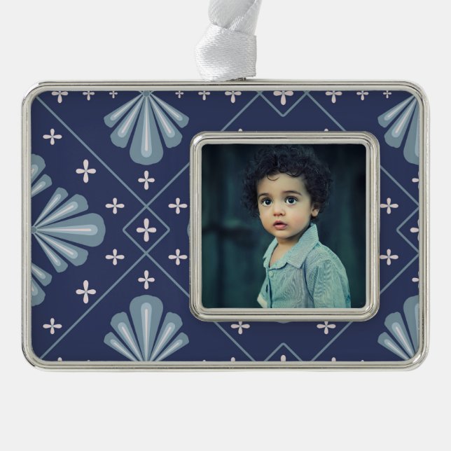 Blue Geometric shapes Pattern  Silver Plated Framed Ornament (Front)