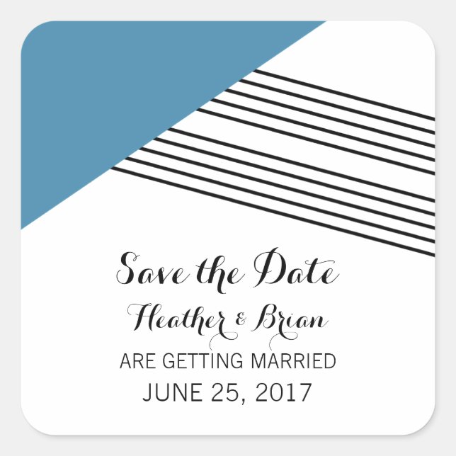 Blue Geometric Stripe Save the Date Stickers (Front)