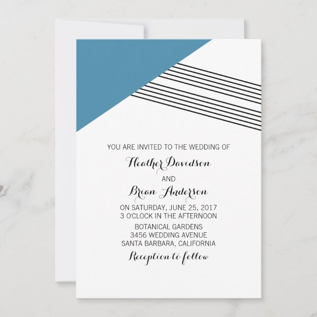 Blue Geometric Stripe Wedding Invite (Front)