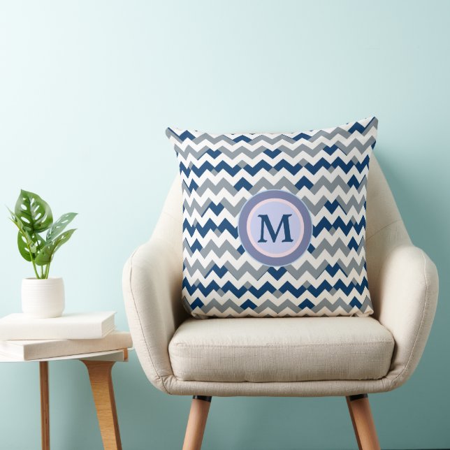 blue geometric trendy Chevron Stripes monogrammed Cushion (Chair)