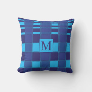 Blue Geometric Unique Gingham Patterns Monograms Cushion