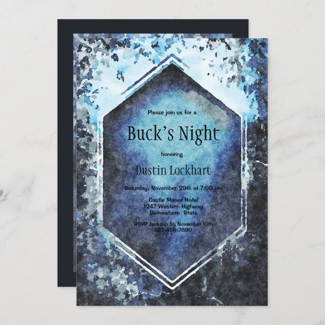 Blue Geometric Watercolor Buck’s Night Invitation (Front/Back)