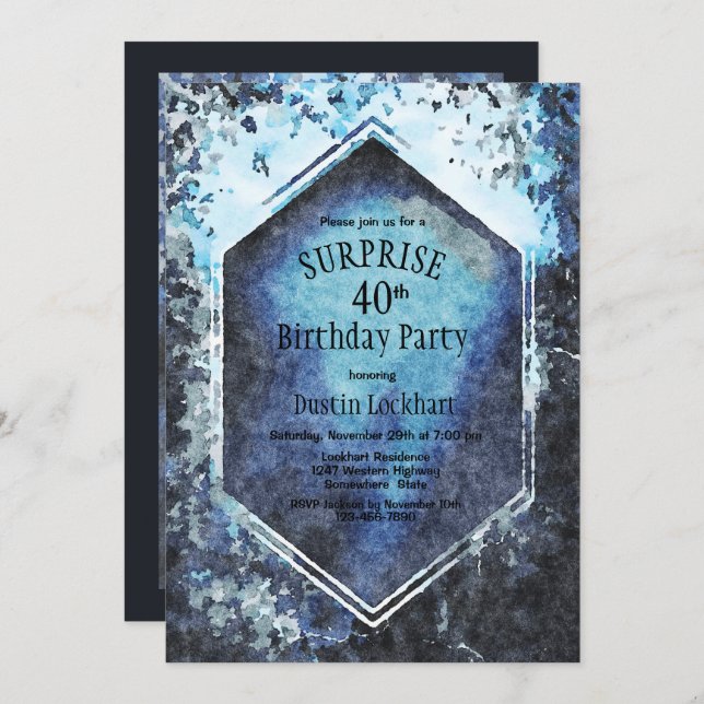 Blue Geometric Watercolor Surprise 40th Birthday Invitation (Front/Back)