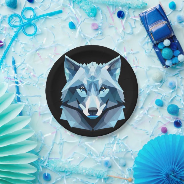 Blue Geometric Wolf Head Paper Plate (Party)