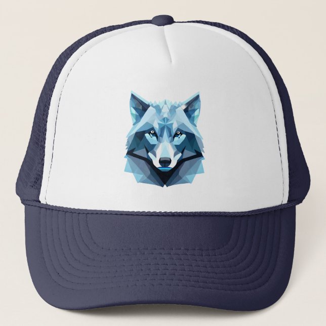 Blue Geometric Wolf Head Trucker Hat (Front)