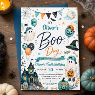 Blue Ghost Boo Day Halloween Boy Birthday Invitation