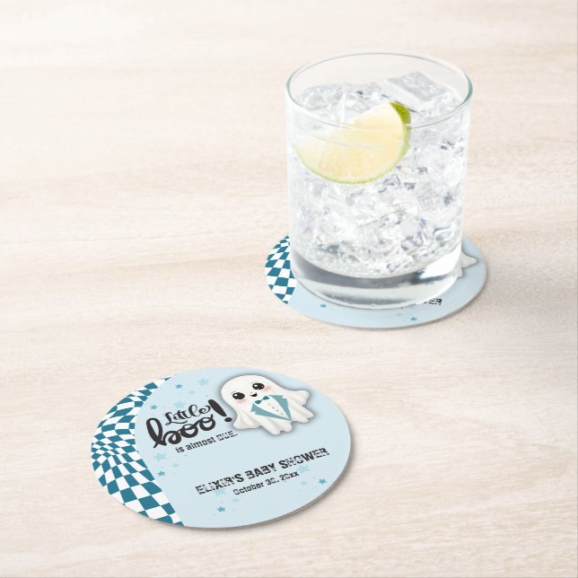 Blue Ghost Little Boo is almost due Baby Shower Round Paper Coaster (Insitu)