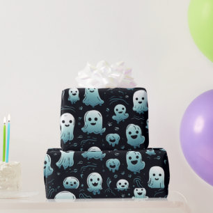Blue Ghosts Cute Modern Adorable Black Halloween Wrapping Paper