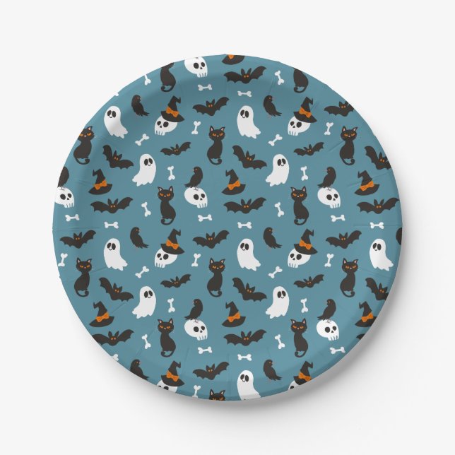 Blue Ghosts Skulls Ravens Cats Halloween Patterns Paper Plate (Front)