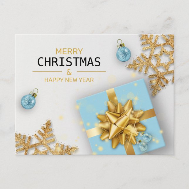 Blue Gift Box Gold Snowflakes Christmas Balls Holiday Postcard (Front)
