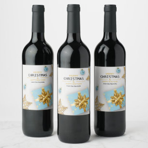 Blue Gift Box Gold Snowflakes Christmas Balls Wine Label