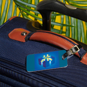 Blue Gift Box with Yellow and Aqua Ribbon Luggage Tag