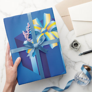 Blue Gift Box with Yellow and Aqua Ribbon  Wrapping Paper