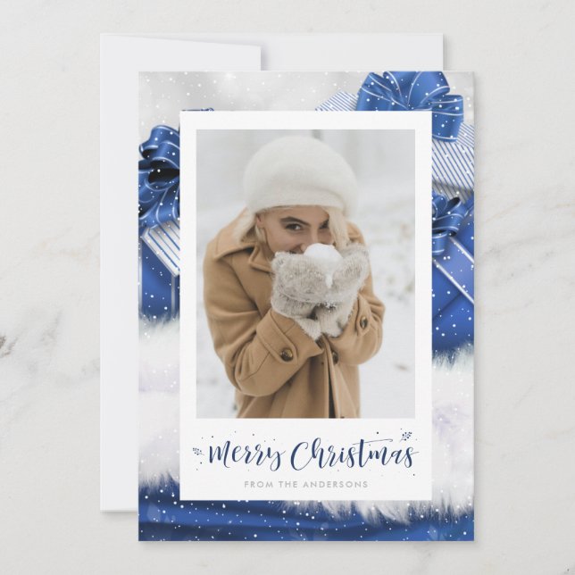 Blue Gift Hand-Lettered Photo Christmas Cards (Front)
