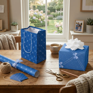 Blue Gift, White Polka Dots & Blue Bow Pattern Medium Gift Bag