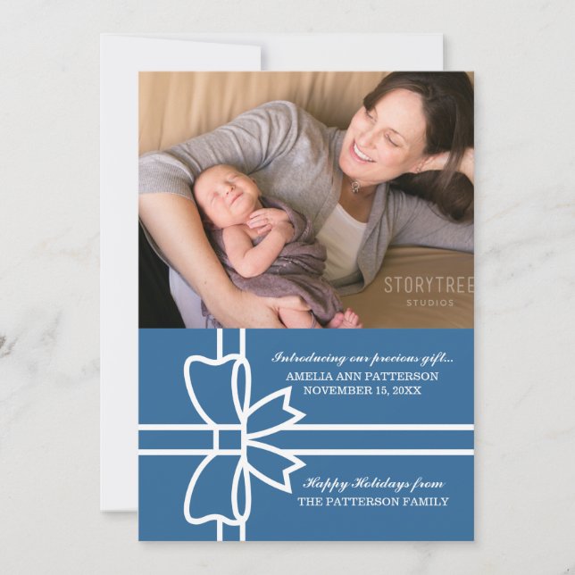 Blue Gifted Holiday Photo Flat Card (Front)