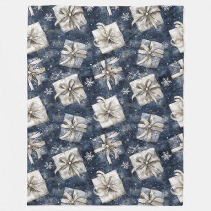 Blue Gifts Bows Silver Snowflakes Christmas Fleece Blanket