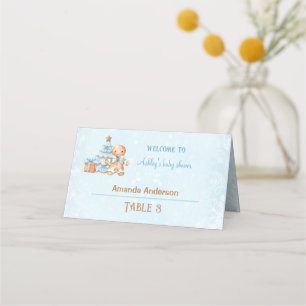 Blue Gingerbread Boy Christmas Baby Shower Tent Place Card