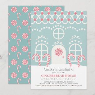 Blue Gingerbread House Decorating Birthday Party Invitation