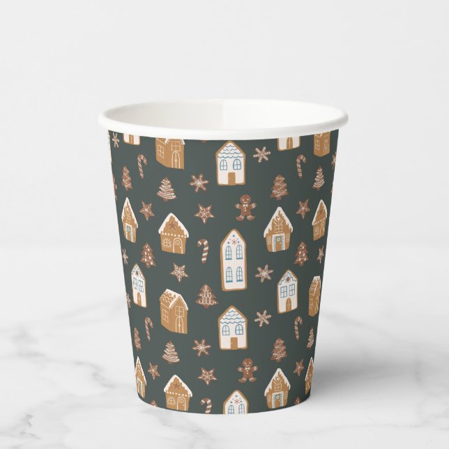 Blue Gingerbread House Pattern Baby Shower Paper Cups (Left)