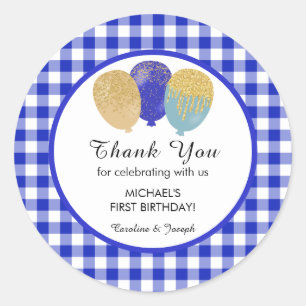 Blue Gingham 1st Birthday Glitter Balloons Favour Classic Round Sticker