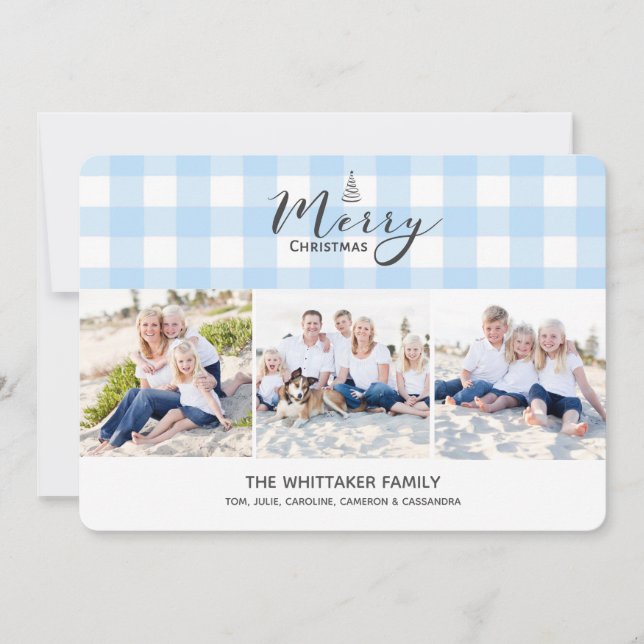Blue Gingham 3-Photo Christmas Card (Front)