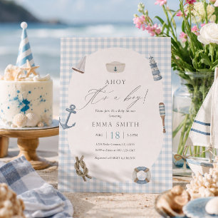 Blue Gingham Ahoy Boy Baby Shower Nautical Invitation