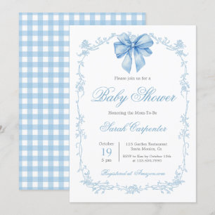 Blue Gingham and Bow Baby Shower Boy Invitation