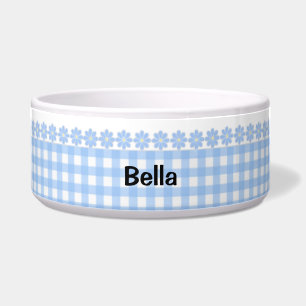 Blue Gingham and Flowers Ceramic Dog Bowl