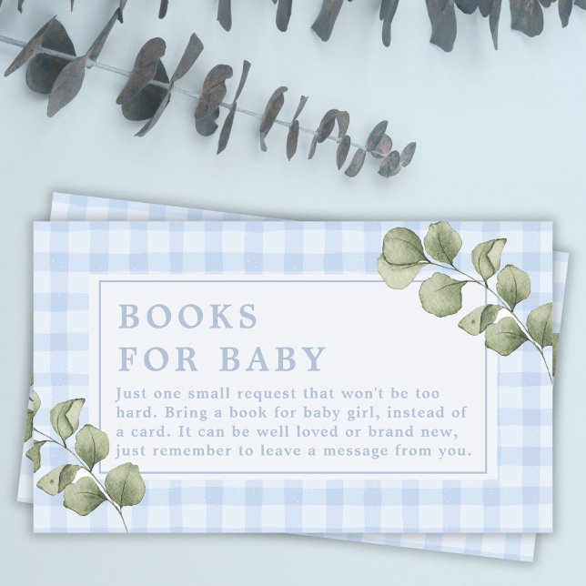 Blue Gingham and Greenery Books for Baby Shower Enclosure Card (Creator Uploaded)