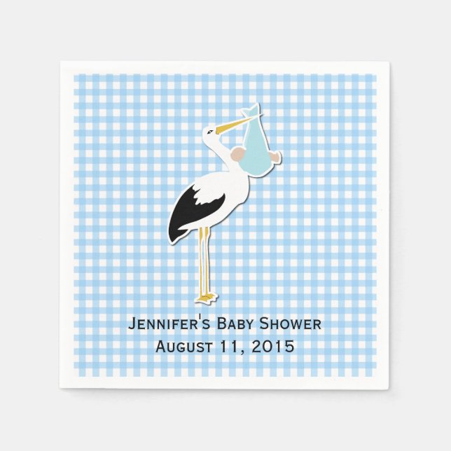 Blue Gingham and Stork Baby Shower Paper Napkins (Front)
