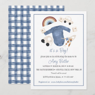 Blue Gingham and Toys Baby Boy Shower Invitation