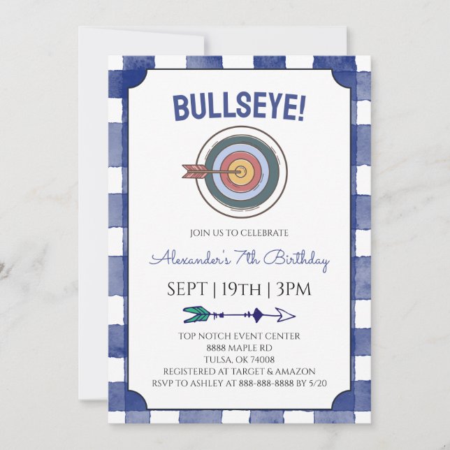 Blue Gingham Archery Birthday Party Invitation (Front)