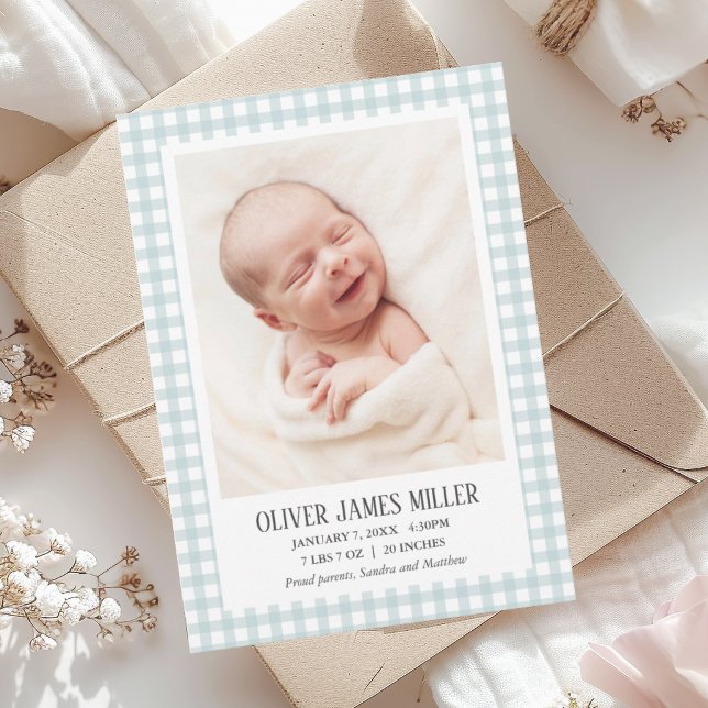 Blue Gingham Baby Birth Announcement Photo Card (Creator Uploaded)
