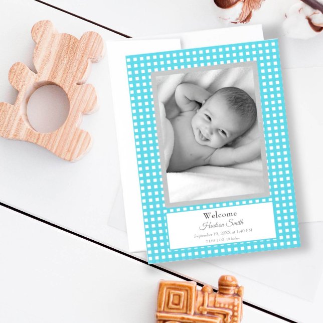 Blue Gingham Baby Boy Announcement Card (Creator Uploaded)