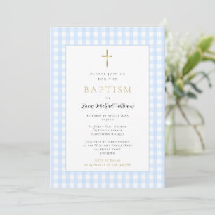 Blue Gingham Baby Boy Baptism Invitation