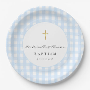 Blue Gingham Baby Boy Baptism Paper  Plate