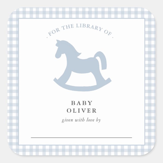 Blue Gingham baby boy Bookplate Square Sticker (Front)