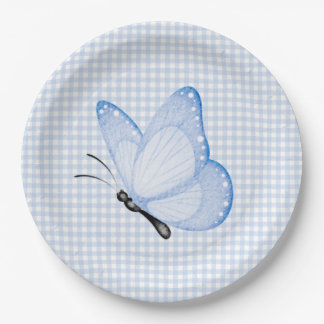 Blue Gingham Baby Boy Butterfly Baby Shower Paper Plate
