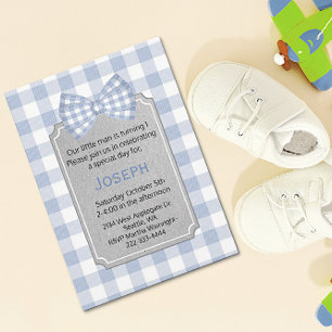 Blue Gingham Baby Boy First Birthday Invitation