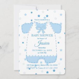 Blue Gingham Baby Boy Romper Stars Baby Shower Invitation