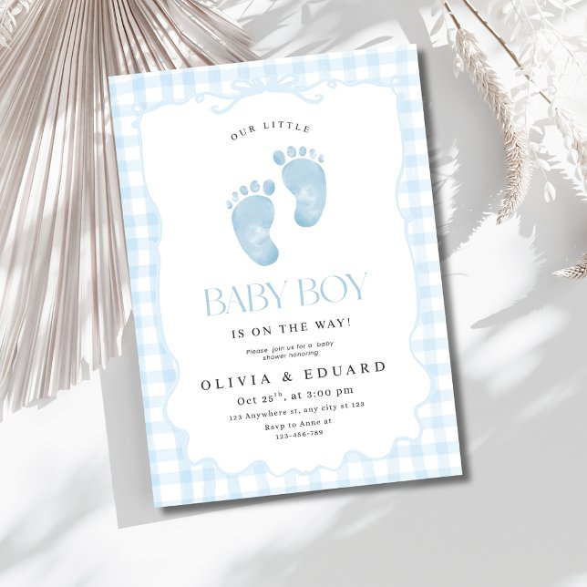 Blue Gingham Baby Boy Shower Editable Footprints Invitation (Creator Uploaded)