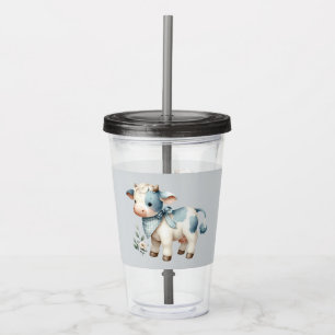 Blue Gingham Baby Cow Pastel Farm Aesthetic Acrylic Tumbler