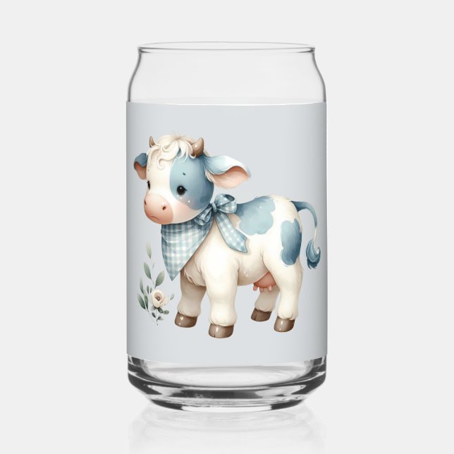 Blue Gingham Baby Cow Pastel Farm Aesthetic Can Glass (Front)