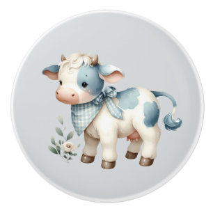 Blue Gingham Baby Cow Pastel Farm Aesthetic Ceramic Knob