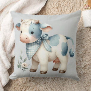 Blue Gingham Baby Cow Pastel Farm Aesthetic Cushion